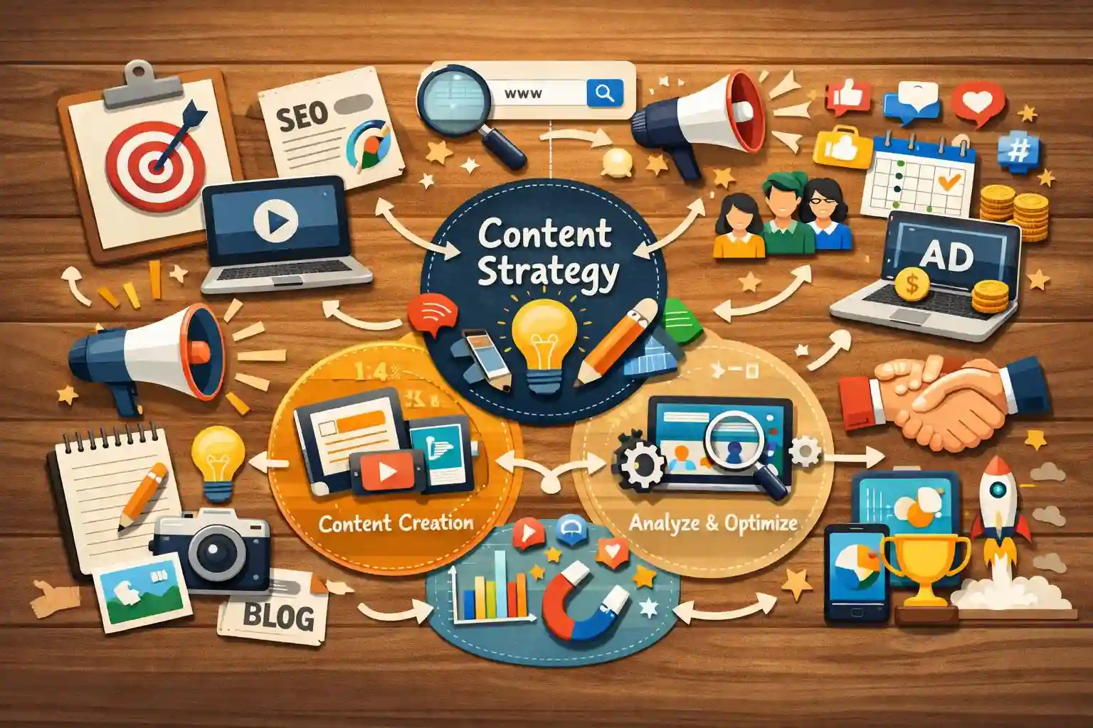 การวางกลยุทธ์ Content Marketing คือการกำหนดเป้าหมายทางธุรกิจ วิเคราะห์กลุ่มเป้าหมาย วางแผนประเภทเนื้อหาและช่องทางเผยแพร่ พร้อมกำหนดตัวชี้วัดผลลัพธ์ เพื่อสร้างการรับรู้ แรงจูงใจ และยอดขายอย่างยั่งยืน