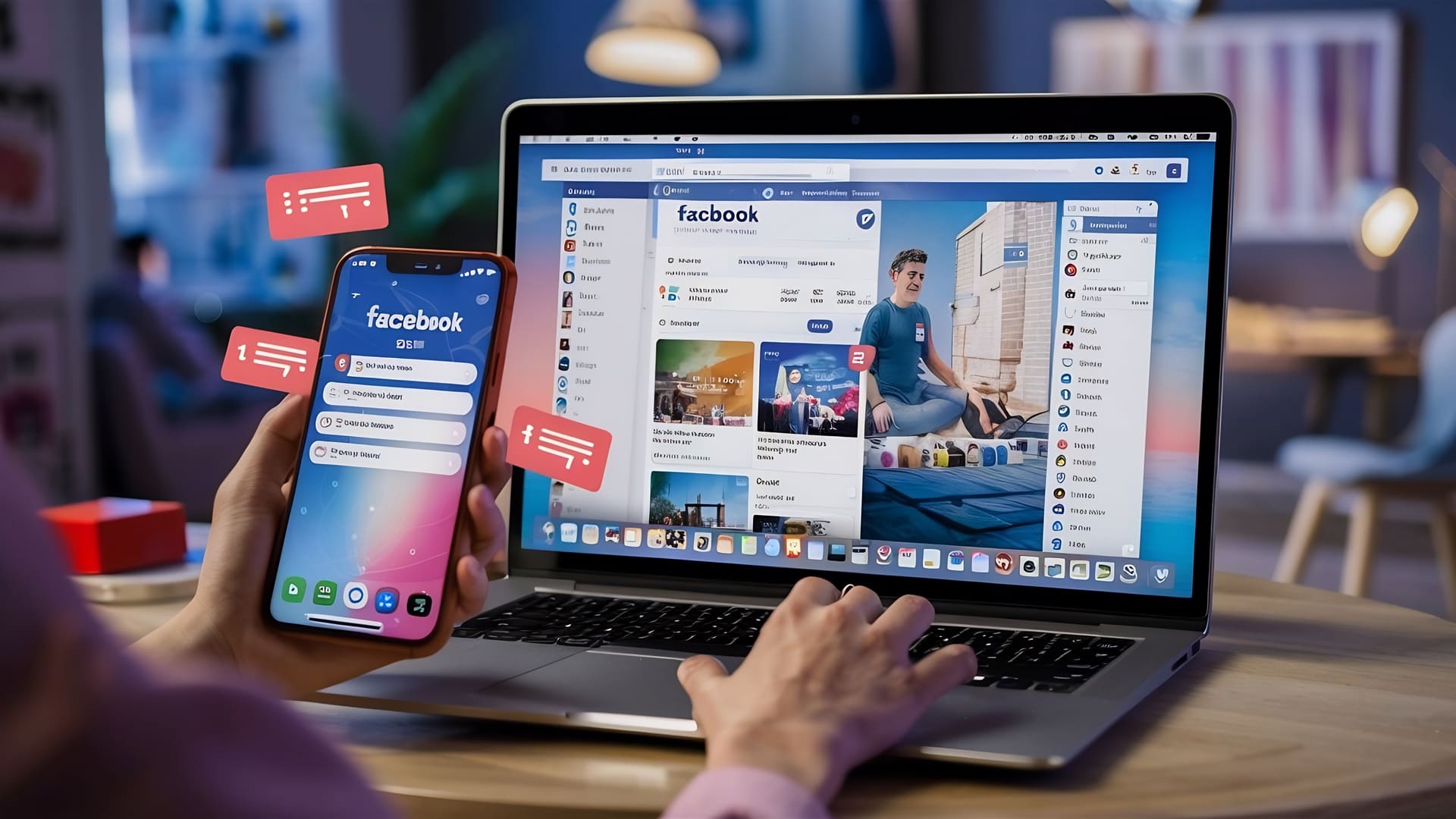 ภาพหน้าจอ Facebook บนสมาร์ทโฟนและคอมพิวเตอร์ แสดงการใช้งานแพลตฟอร์มโซเชียลมีเดียเพื่อบริหารเพจ สื่อสารกับลูกค้า และทำการตลาดออนไลน์ผ่าน Facebook