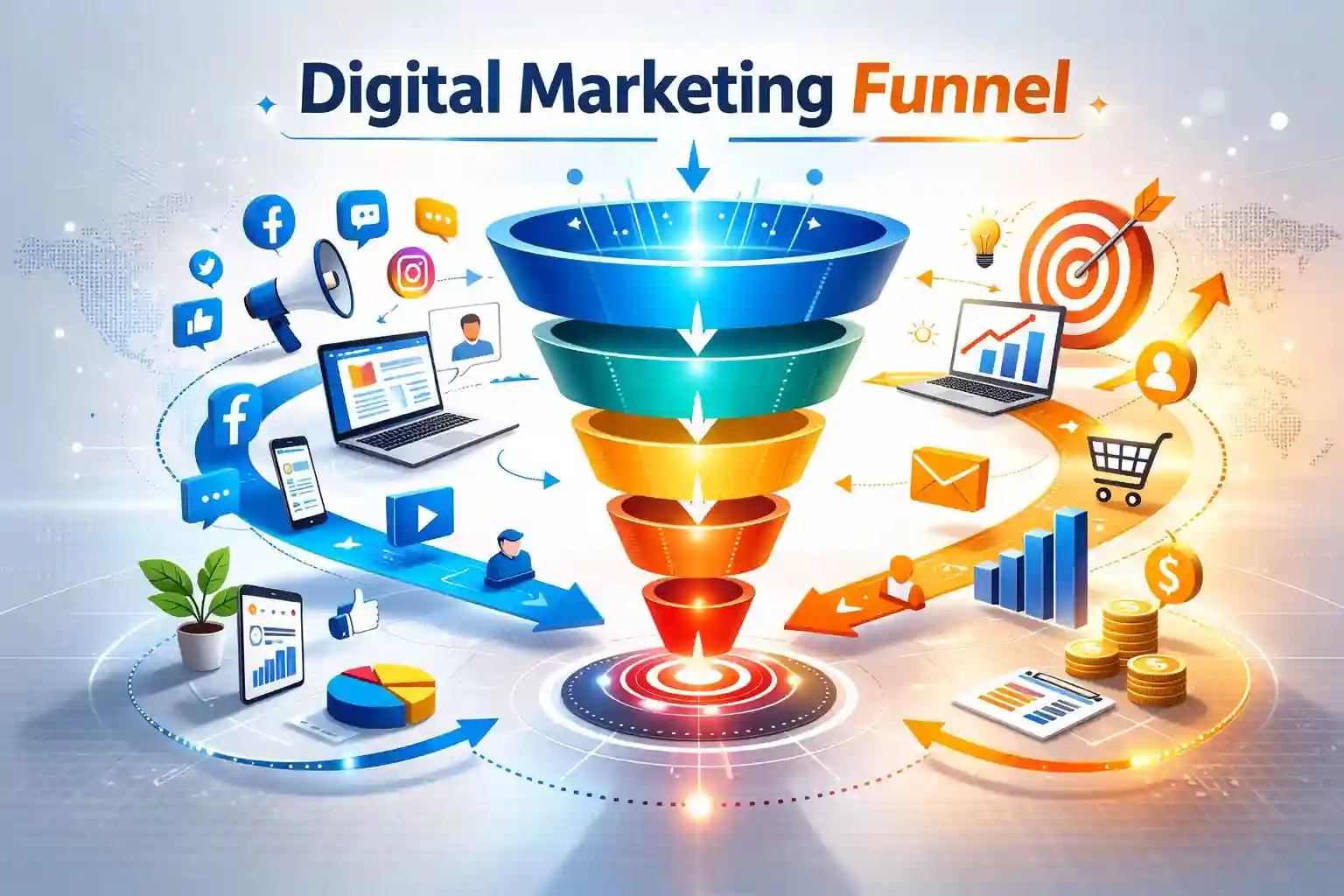 Digital Marketing Funnel คือ โมเดลแสดงขั้นตอนการเดินทางของลูกค้าในกระบวนการตลาดดิจิทัล ตั้งแต่การรับรู้ (Awareness) การพิจารณา (Consideration) ไปจนถึงการตัดสินใจซื้อ (Conversion) และการรักษาลูกค้า (Retention) เพื่อวางกลยุทธ์เพิ่มยอดขายอย่างเป็นระบบ