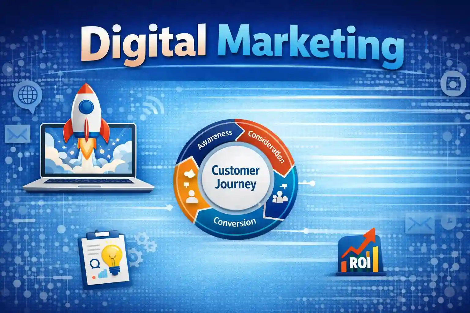 Digital Marketing คือ การทำการตลาดผ่านช่องทางออนไลน์ เช่น เว็บไซต์ โซเชียลมีเดีย เสิร์ชเอนจิน และอีเมล เพื่อโปรโมตสินค้าและบริการ เพิ่มการเข้าถึงลูกค้า และสร้างยอดขายในยุคดิจิทัล