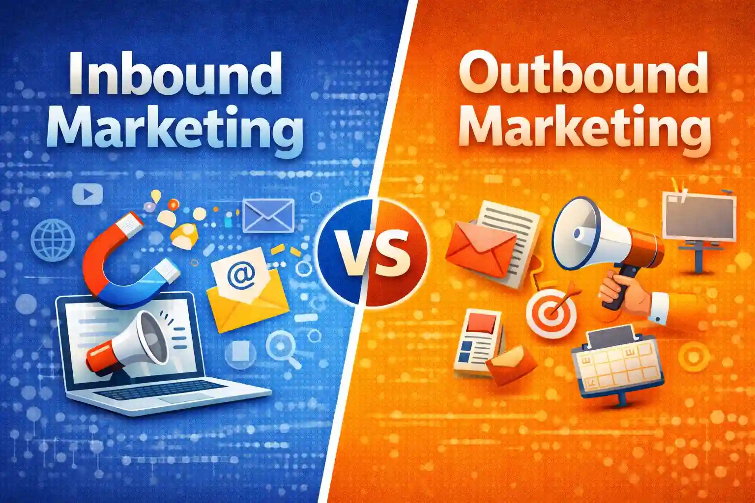 Inbound Marketing คือ การดึงดูดลูกค้าด้วยคอนเทนต์และคุณค่า ส่วน Outbound Marketing คือ การผลักดันโฆษณาออกไปหาลูกค้าโดยตรง ทั้งสองเป็นกลยุทธ์สำคัญใน Digital Marketing เพื่อสร้างการรับรู้และเพิ่มยอดขาย