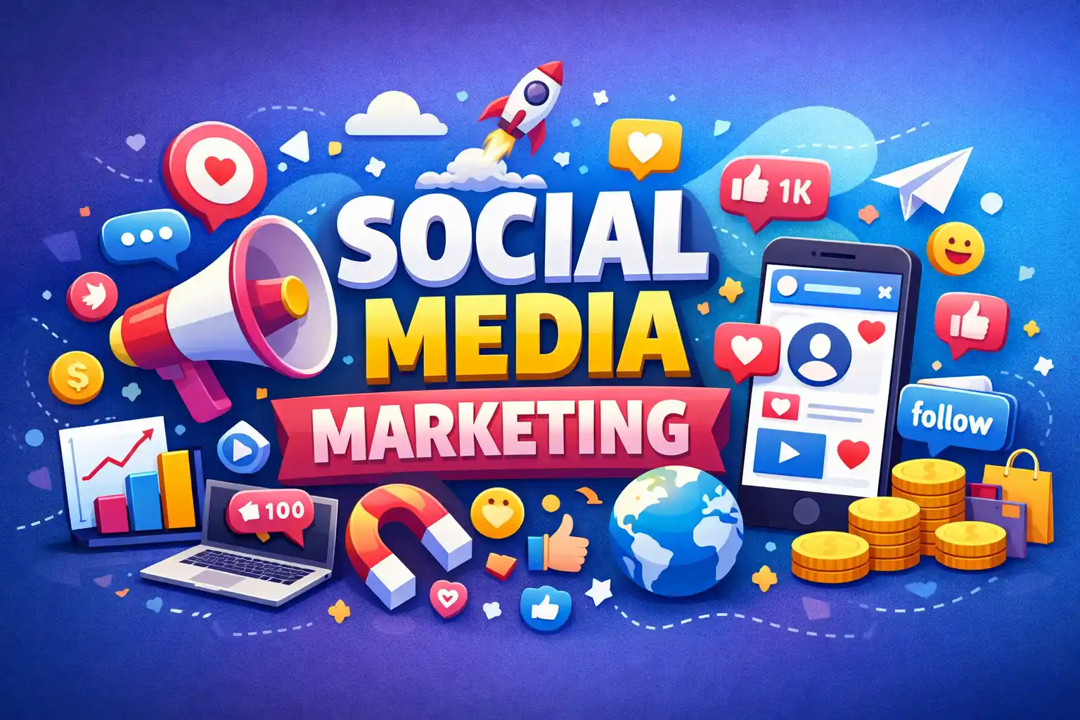 Social Media Marketing คือการใช้แพลตฟอร์มโซเชียลมีเดีย เช่น Facebook, Instagram, TikTok และ YouTube เพื่อโปรโมตแบรนด์ เข้าถึงลูกค้า และสร้างยอดขาย ผ่านคอนเทนต์และโฆษณา