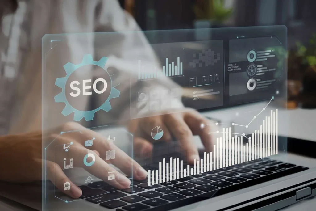 ภาพแล็ปท็อปพร้อมกราฟิก SEO และแดชบอร์ดวิเคราะห์ข้อมูล สื่อถึงการทำ Search Engine Optimization การเพิ่ม Traffic เว็บไซต์ และกลยุทธ์การตลาดดิจิทัล
